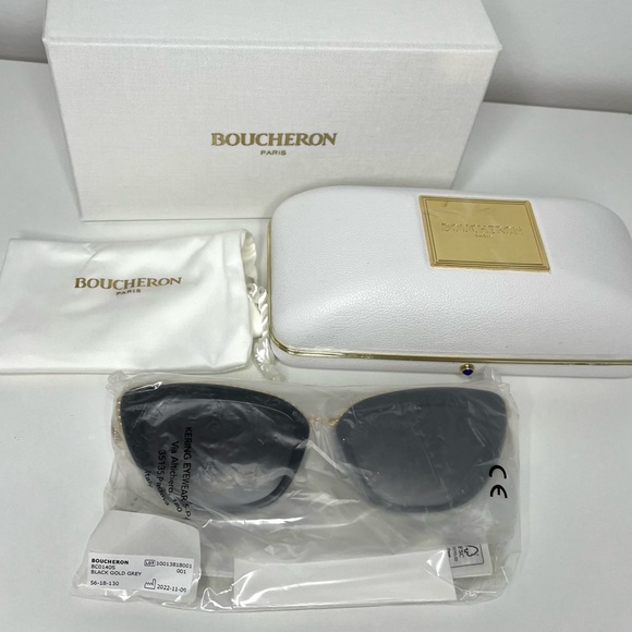 Boucheron NWT Embellished Cat Eye Sunglasses BC0140S 001 Black/Gold - Picture 4 of 12